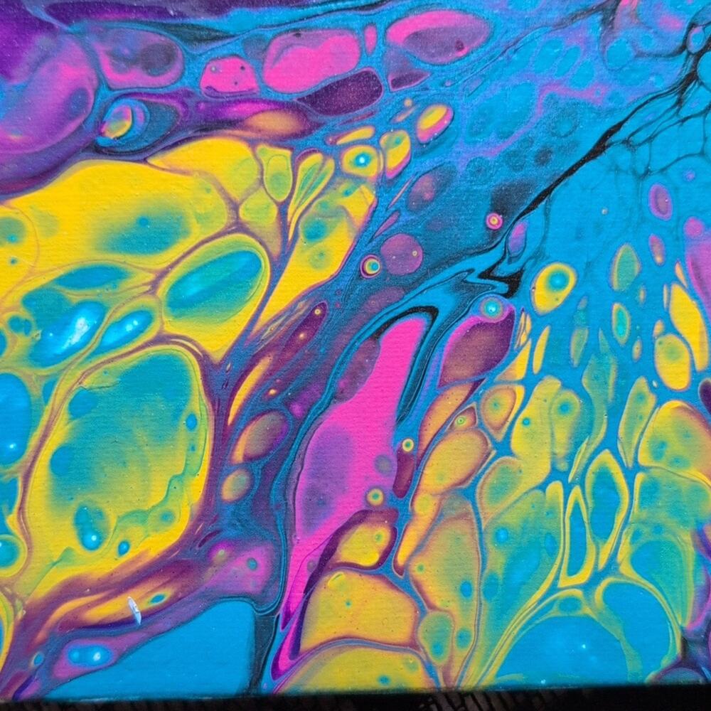 Handmade Acrylic Fluid Art Painting Teal Yellow Magenta Stretched Canvas 10"×10" - Picture 4 of 7